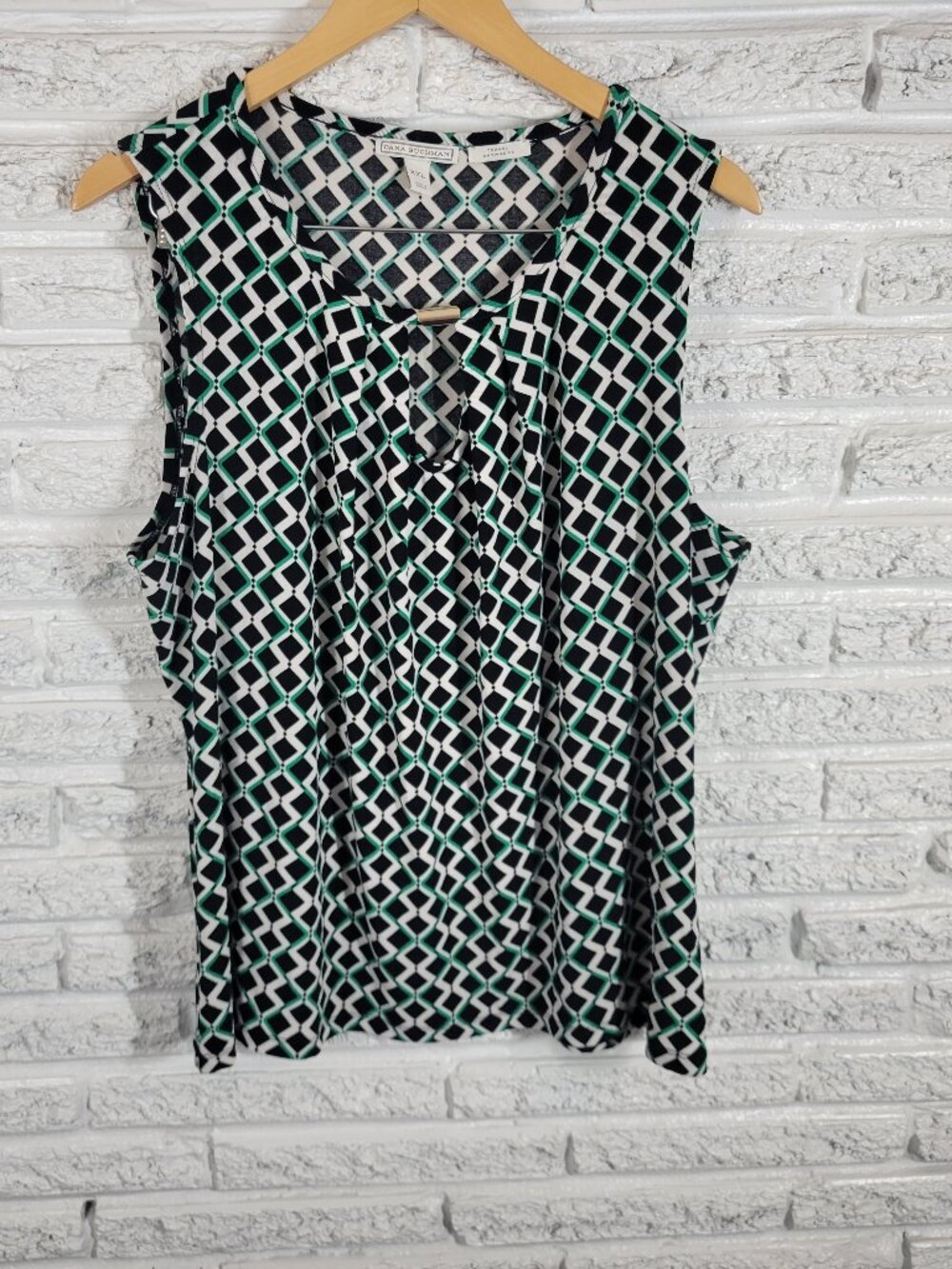 Dana Buchman Blouse XXL Black Green Geometric Sleeveless Knit Top Stretch GEO17E